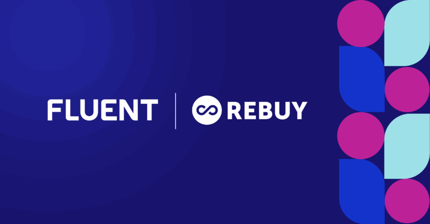 Fluent + Rebuy logo with geographic shapes along the side in fluent and rebuy colors